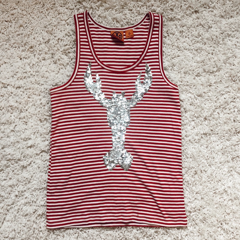 Tory Burch Stripe Lobster Sequin Tank Top